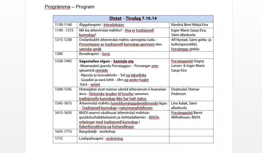 SEMINÁRA: ÁRBEVIROLAŠ MÁHTTU PORSÁŊGGUS Bilde av program for seminaret TRADISJONELL KUNNSKAP I PORSANGER.